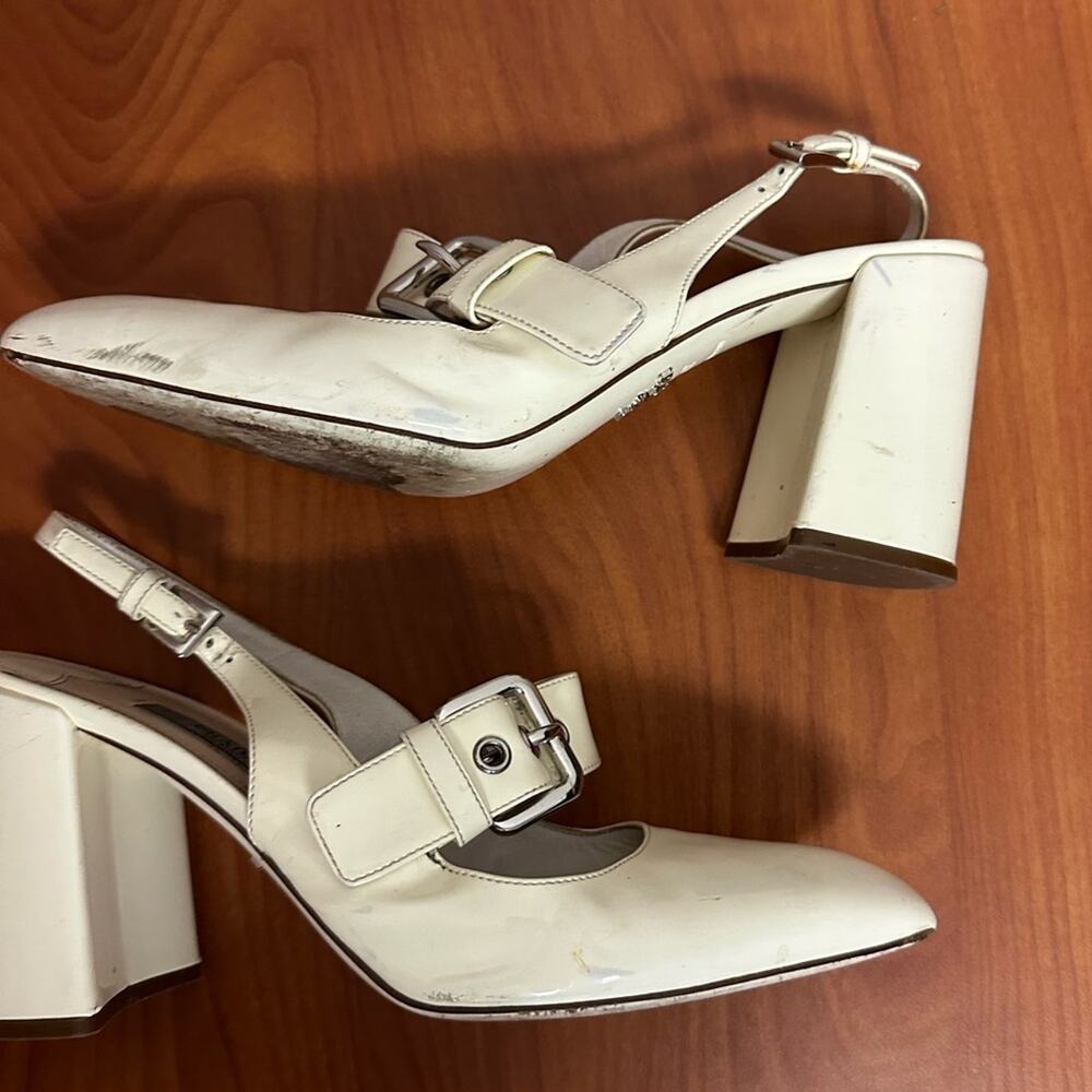 Prada Off White Patent Leather Mary Jane Slingback Block Heel Pumps Size 37.5 - Picture 6 of 16